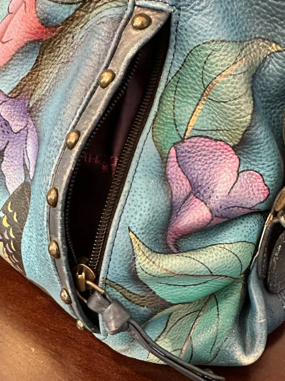Anushka Hand Painted Leather Satchel Bag Butterfly Bird Floral Turquoise Baes